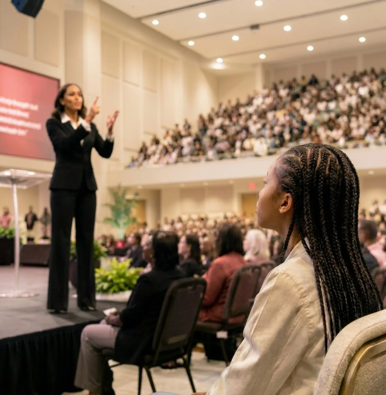 An ASL interpreter signs on stage during a packed church service while a young attendee in the congregation watches — echoing the moment Tanesh first saw ASL, and the moment SOS began.