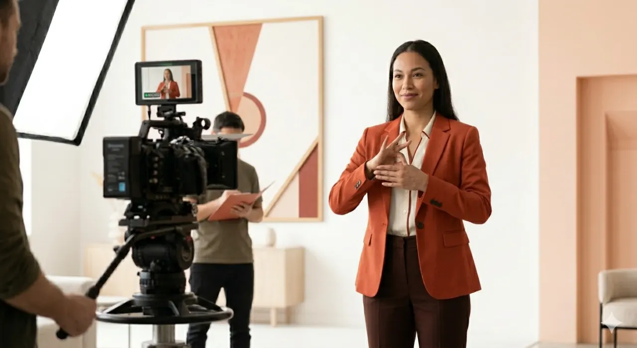 An ASL translator signs to camera in a studio while a crew records and reviews the take.