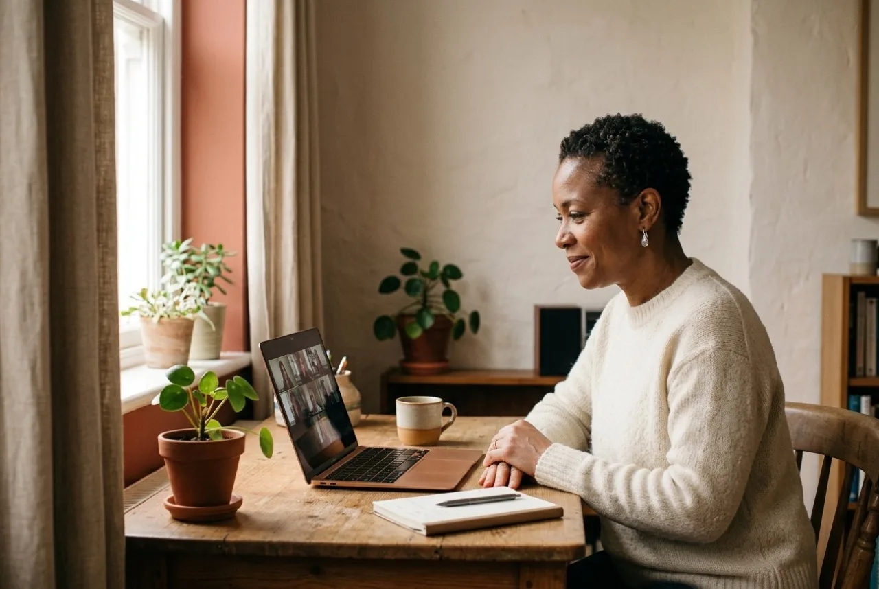 An interpreter taking part in a virtual professional development workshop from her home office.