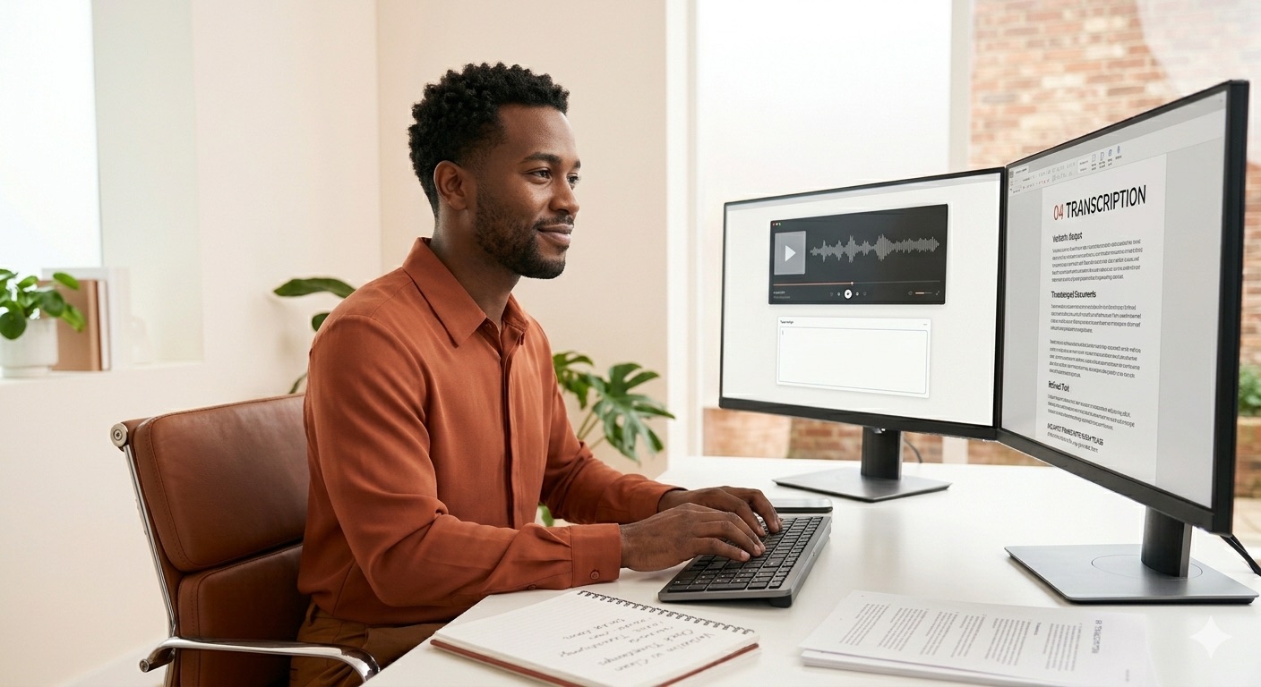 A transcriptionist works at a dual-monitor setup with an audio waveform on one screen and the finished transcript on the other.